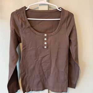 Ribbed Scoop Neck Henley Long Sleeve Top — Brown